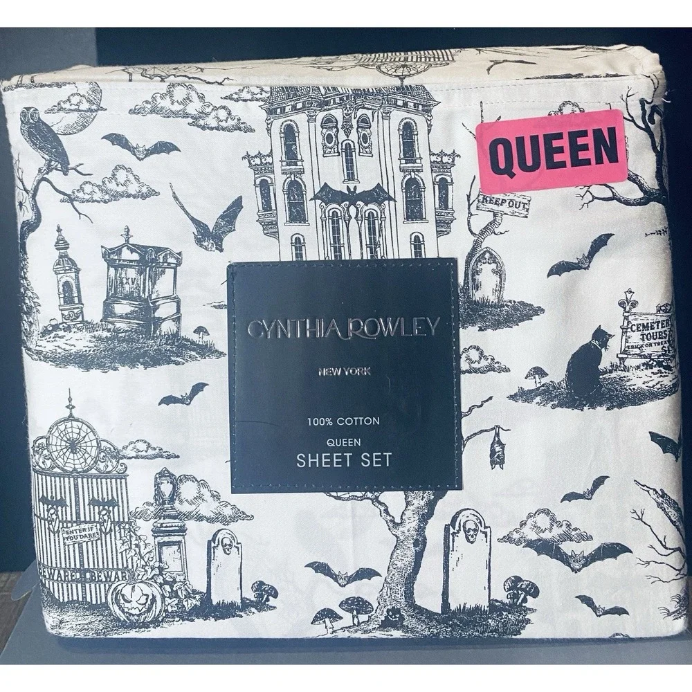 Cynthia Rowley Queen Sheet Set Halloween Haunted House Toile Spooky Gothic